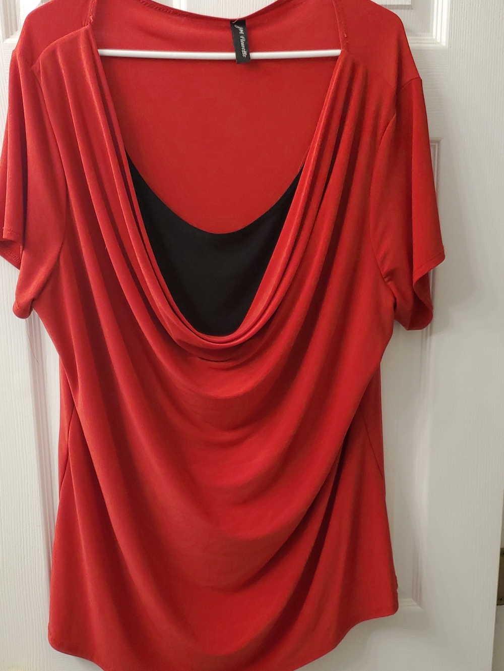 Red Short-Sleeve Drape-Back Top with Black Inset